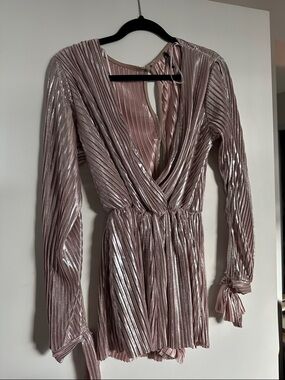 Metallic Rose Pleated Long-Sleeve Romper